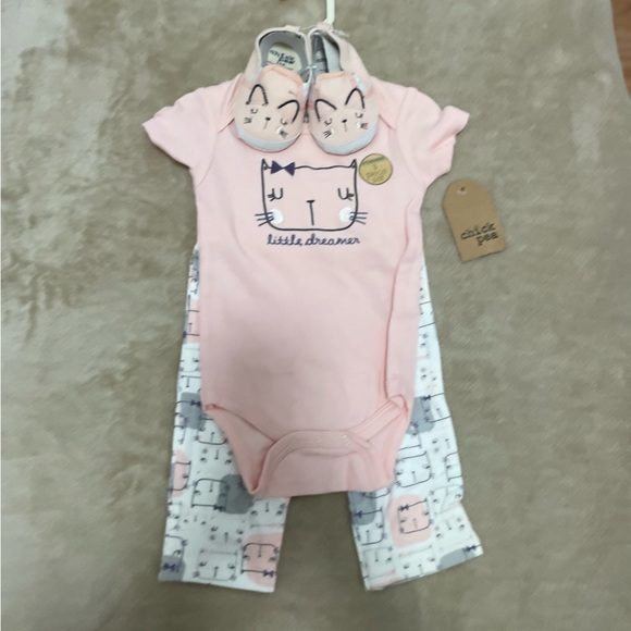 Chick Pea 3-PC Baby Girl Cat BodySuit Pants and Shoes Pink 6-9 Months - Picture 2 of 8